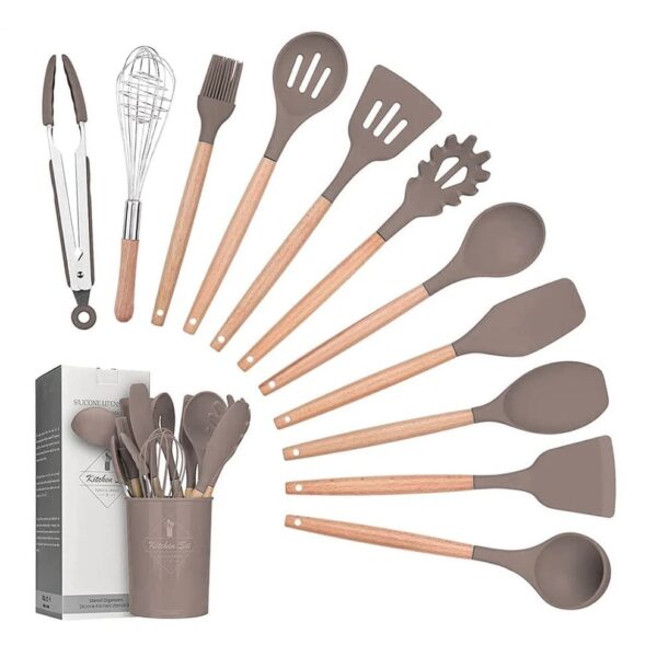 [OFERTA ] Kit C/12 Utensílios De Cozinha Silicone Cabo Madeira - Imagem 3