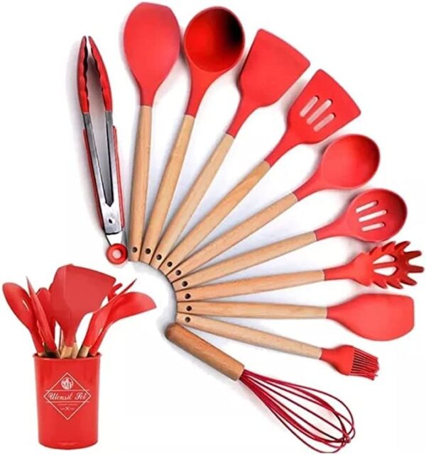 [OFERTA ] Kit C/12 Utensílios De Cozinha Silicone Cabo Madeira - Imagem 2